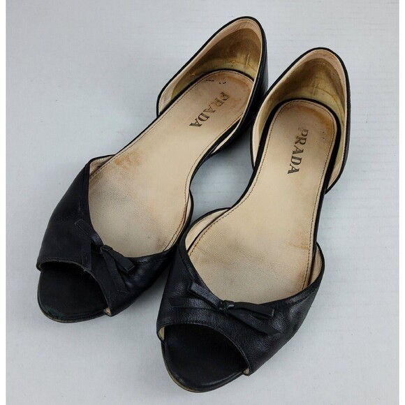 Prada Women's Leather D'orsay Flats Slip On Shoes Black Size 36.5 - Picture 1 of 11